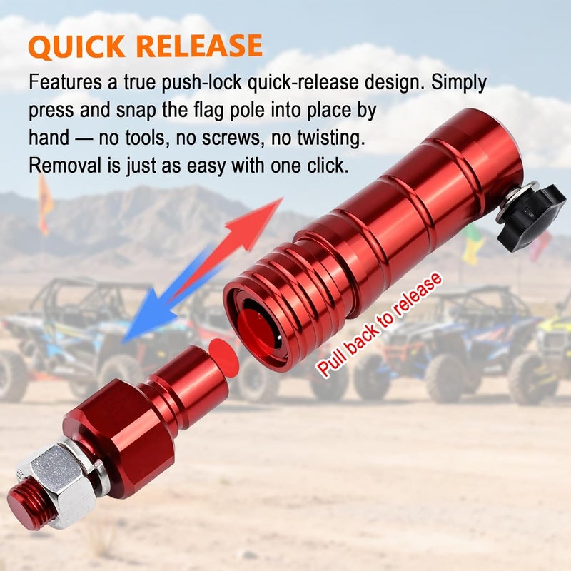 Rawsomes Quick Release Flag Pole Holder - Flag Mount Base for 1/4" & 5/16" Poles - Whip Flags Holder Compatible with UTV ATV Off Road 4 Wheeler Dune Buggy Side by Side SXS Can-Am Maverick Polaris Razor (Red) - Image 3